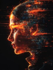 Woman's profile with cityscape lights effect at night