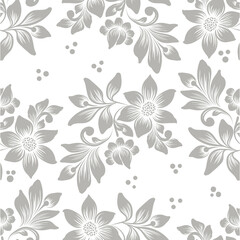 Classic gray floral seamless pattern with vintage-style leaves and blooms—perfect for wallpaper, fabric printing, home decor, and timeless decorative projects.