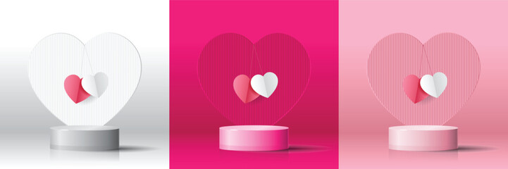 Set of 3D valentine day background white, magenta, pink cylinder podium with heart shape background. Vector geometric platform. Abstract mockup product display. Minimal scene. Stage showcase