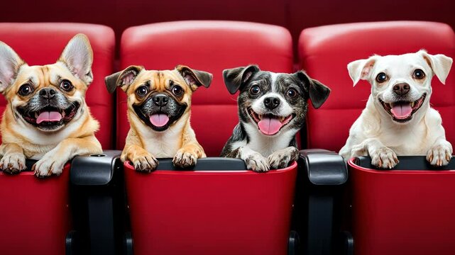 Four dogs are sitting in a row of red seats in a movie theater. They are all smiling and seem to be enjoying the movie