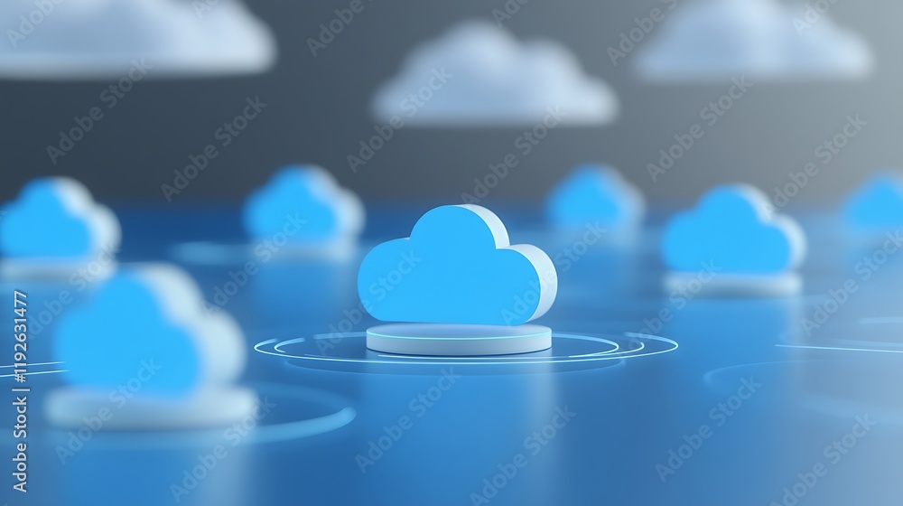 Poster blue cloud computing concept with floating cloud symbols and network connections in digital environm