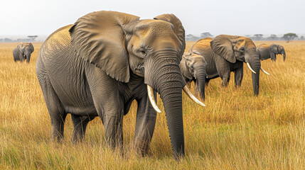 Fototapeta premium Herd of elephants walking through tall grass in African savanna