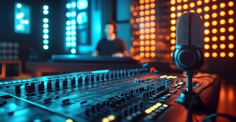 Close-up of a microphone and sound mixer in a vibrant studio with a musician in the background