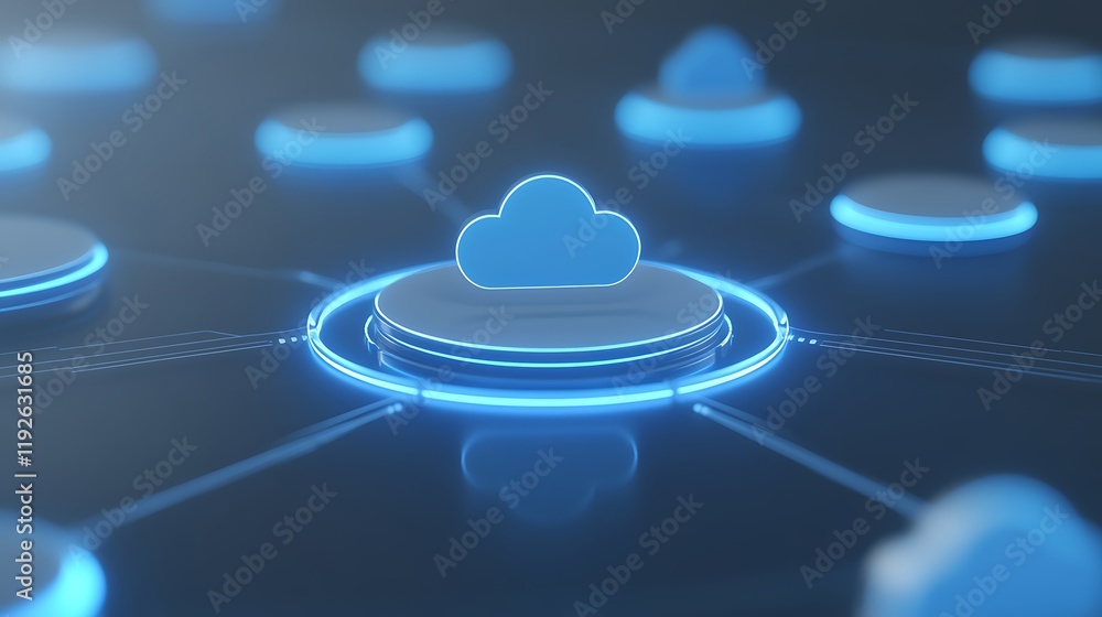 Poster blue cloud icon on digital network with connected circular elements in futuristic technology setting