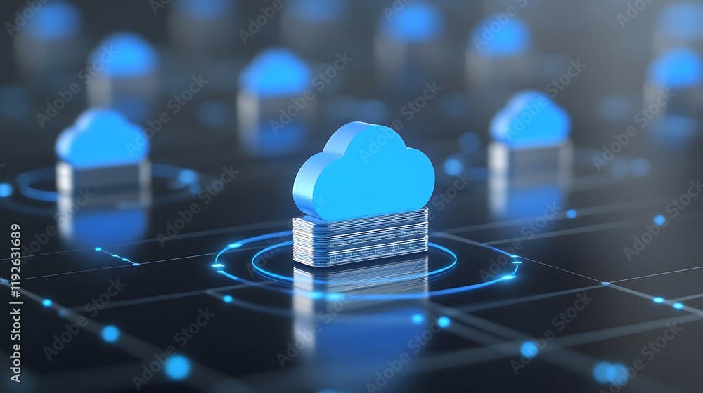 Poster blue cloud icon representation in digital network with data connections and technology elements