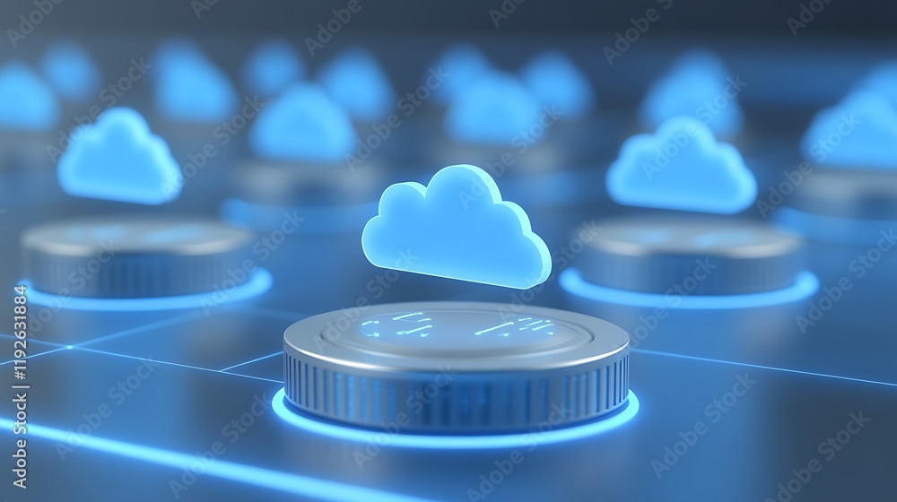 Poster blue cloud icons emerging from digital circles in a technology background representing cloud computi