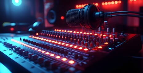 Close-up of a professional audio mixing console with illuminated buttons and microphone setup