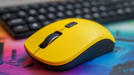 Yellow elegant wireless mouse on the black wireless keyboard in horizontal isolated on a colorful background
