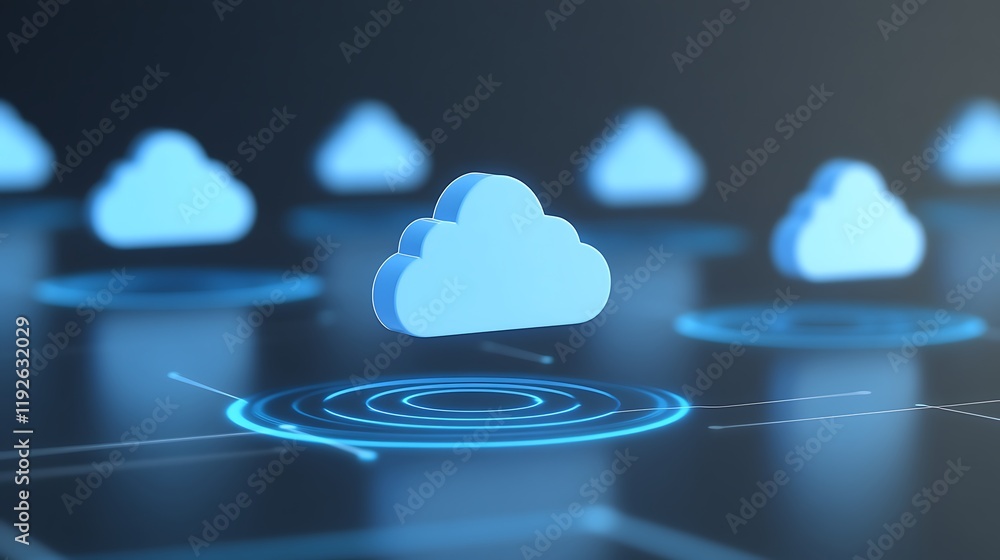 Poster blue cloud icons representing cloud computing technology in a digital environment with circles