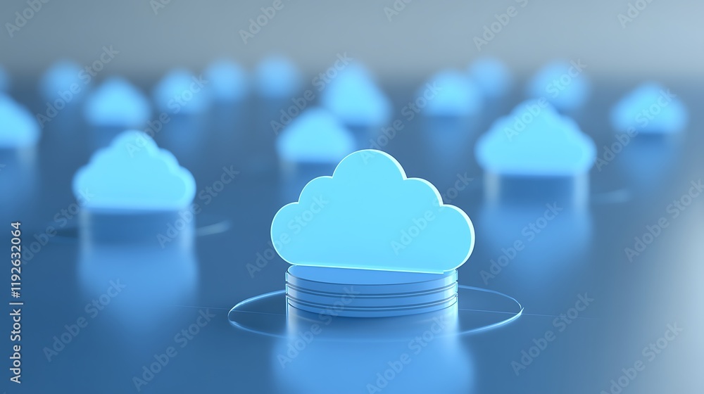 Poster blue cloud icons representing cloud computing technology in a digital environment with soft lighting