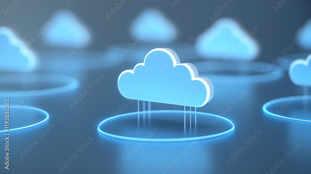 Poster blue cloud icons with neon light effect in a digital environment representing cloud computing concep