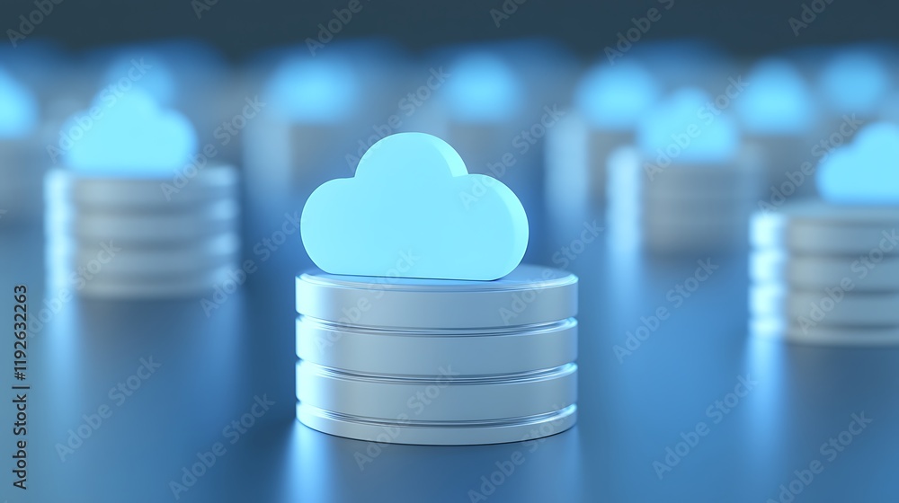 Poster blue cloud symbol above stacked metallic disks representing cloud computing and data storage solutio
