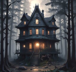 Illustration of ghost house in creepy forest.