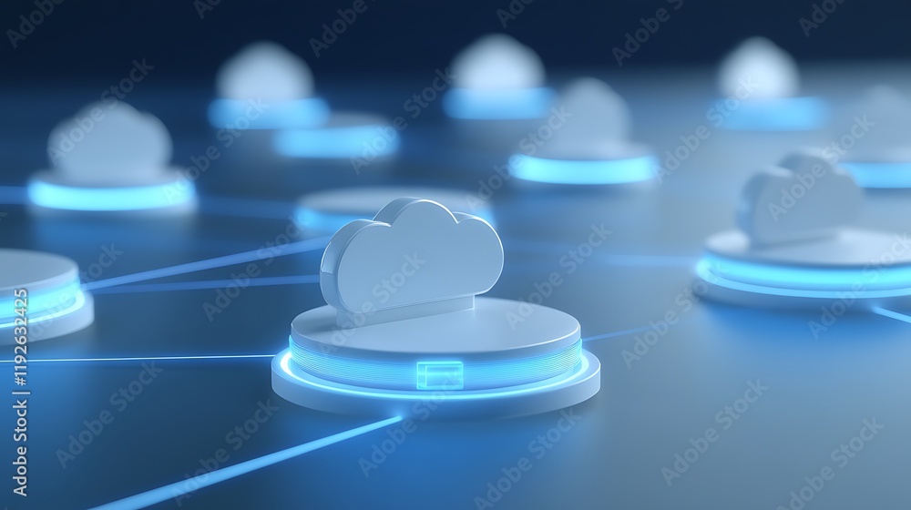 Poster blue neon cloud icons connected in network representation for digital technology and data storage co