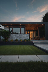 Fototapeta premium Modern Stone House Exterior at Dusk: Luxurious Contemporary Home Design