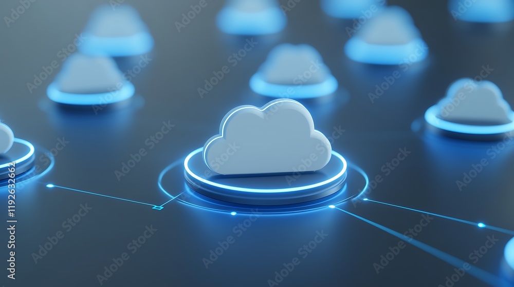 Poster cloud computing concept illustration with glowing clouds and connectivity lines in a digital environ