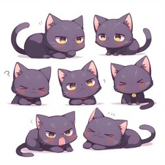 Cute kawaii ilustrations of a cute black cat with different expressions for stickers, emotes twitch, room decoration, logo, graphics, clipart, isolated, character design, decorative collection