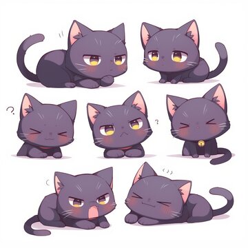 Cute kawaii ilustrations of a cute black cat with different expressions for stickers, emotes twitch, room decoration, logo, graphics, clipart, isolated, character design, decorative collection
