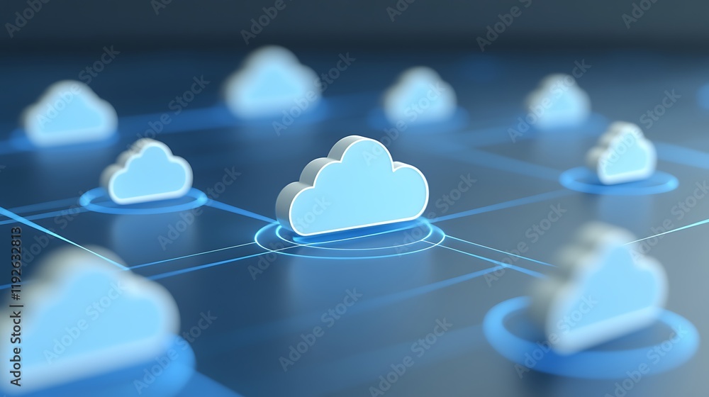 Poster Cloud Computing Concept with 3D Clouds Connected by Digital Network Lines on Dark Background
