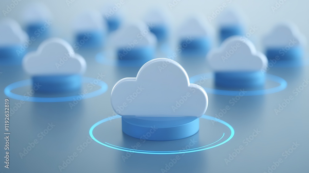 Poster cloud computing concept with 3d clouds and digital circles representing data connections and storage