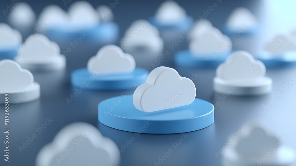 Poster cloud computing concept with 3d rendered white clouds on blue circular platforms in technology backg