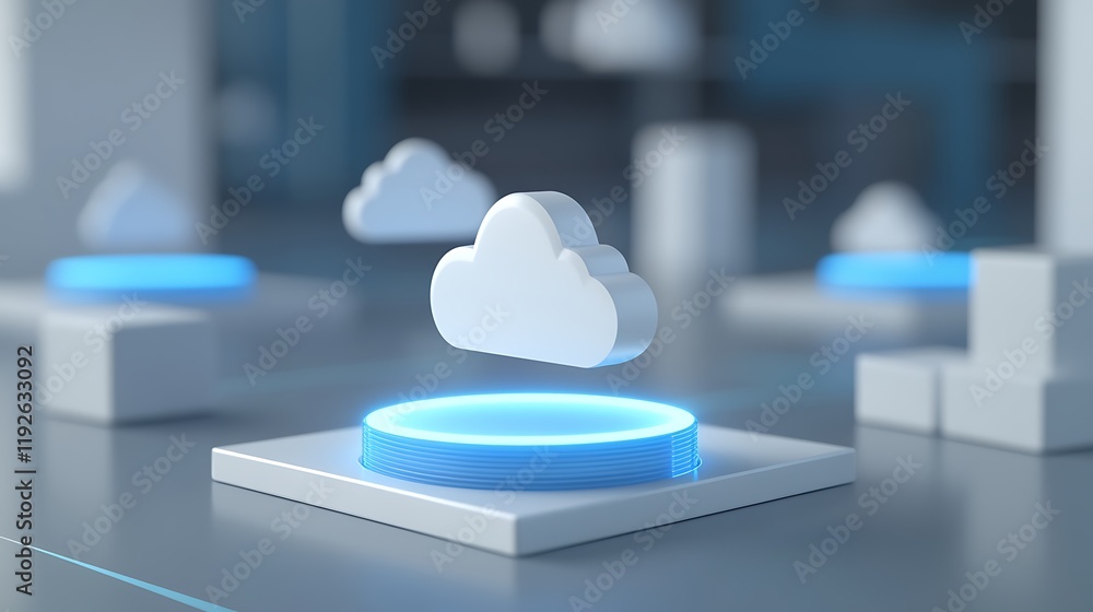 Poster cloud computing concept with 3d rendered elements and blue lighting effects on a modern background