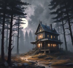 Illustration of ghost house in creepy forest.