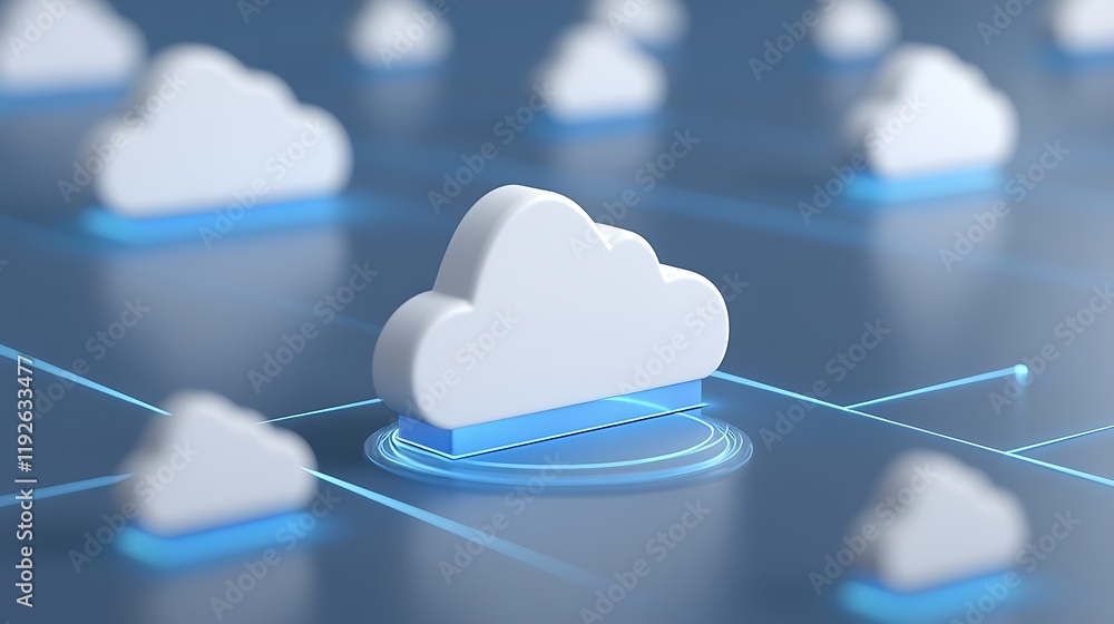 Poster cloud computing concept with abstract white cloud icons on blue background for technology and data s