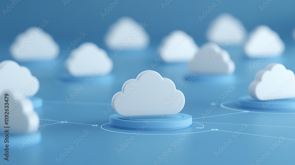 Poster cloud computing concept with abstract white clouds and circuits on soft blue background