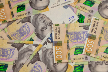 Ukrainian Financial money background. Hryvnia, new banknotes of 500 Hryvnia or UAH Close-up.