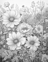 Coloring sketch of flowers field, number 10