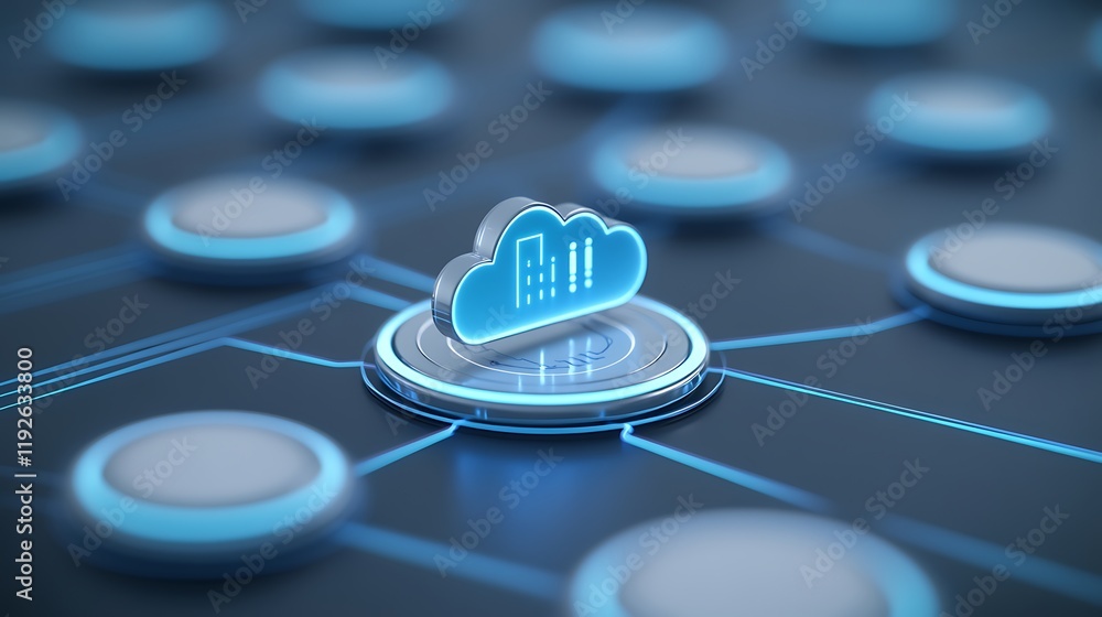 Poster cloud computing concept with bright blue network connections and digital data storage representation