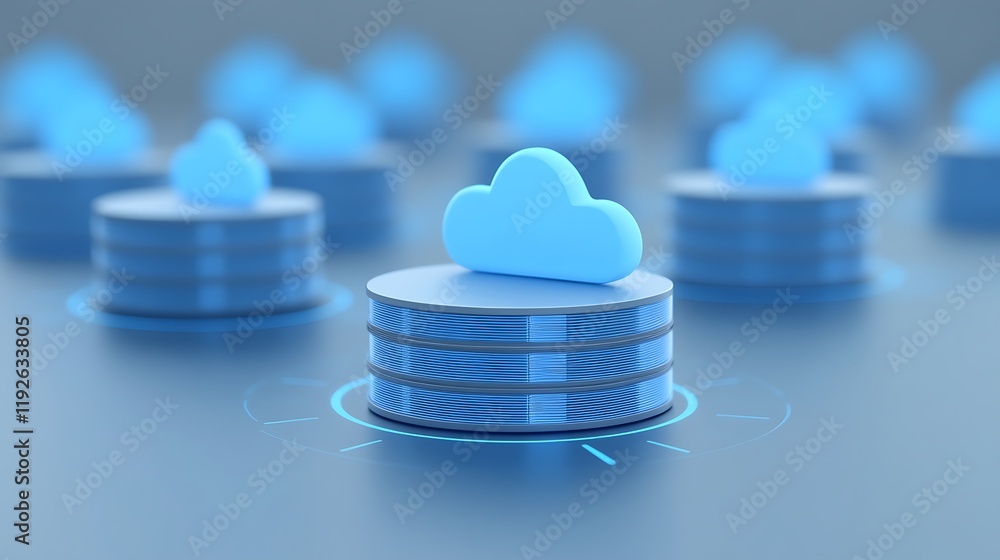 Poster cloud computing concept with blue data storage and cloud icons on a digital background for technolog
