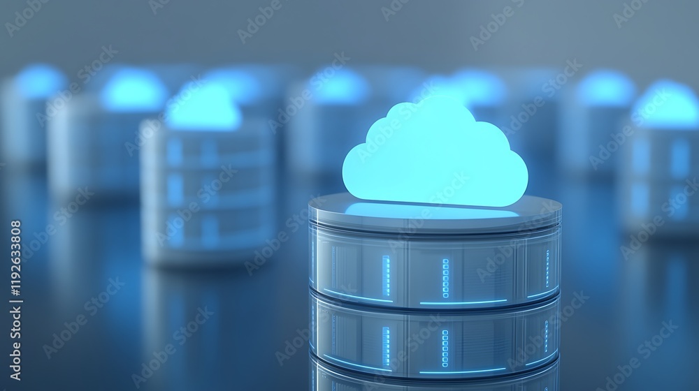 Poster cloud computing concept with blue data storage cylinders and glowing cloud symbol on dark background