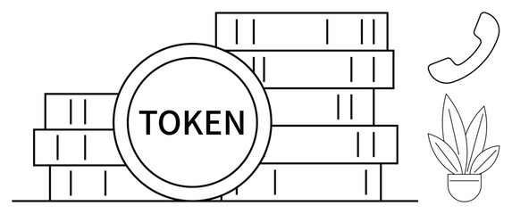 Stacks of tokens beside phone receiver and plant pot. Ideal for finance, cryptocurrency, digital assets, banking, mobile transactions, investment, fintech. Clean minimalistic abstract line flat