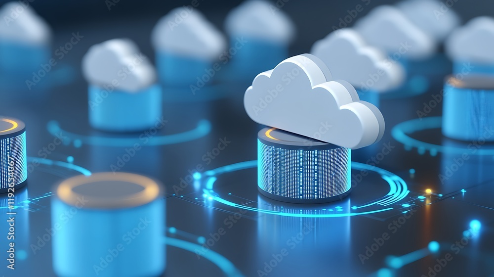 Poster cloud computing concept with data processing and security icons on abstract digital background