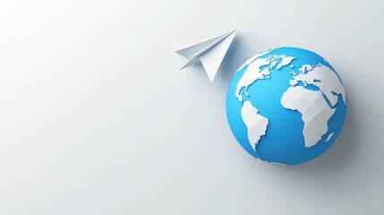 Naklejka premium paper airplane flies over blue globe, symbolizing travel and exploration. globe features detailed continents, set against light grey background, evoking sense of adventure