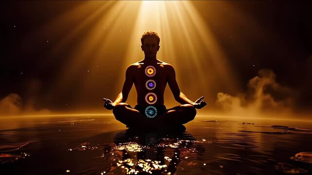 Woman meditating with seven chakras surrounded by golden energy field