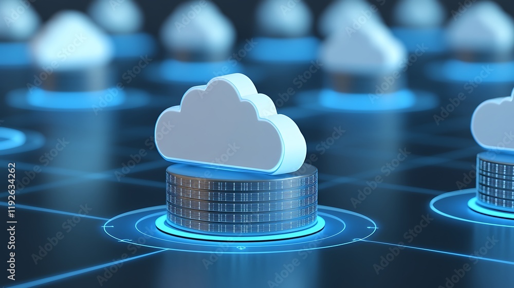 Poster cloud computing concept with data storage symbols representing modern technology and digital solutio