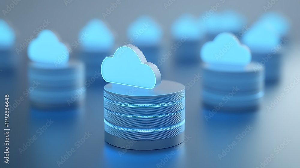 Poster cloud computing concept with digital clouds and server stacks representing data management and stora