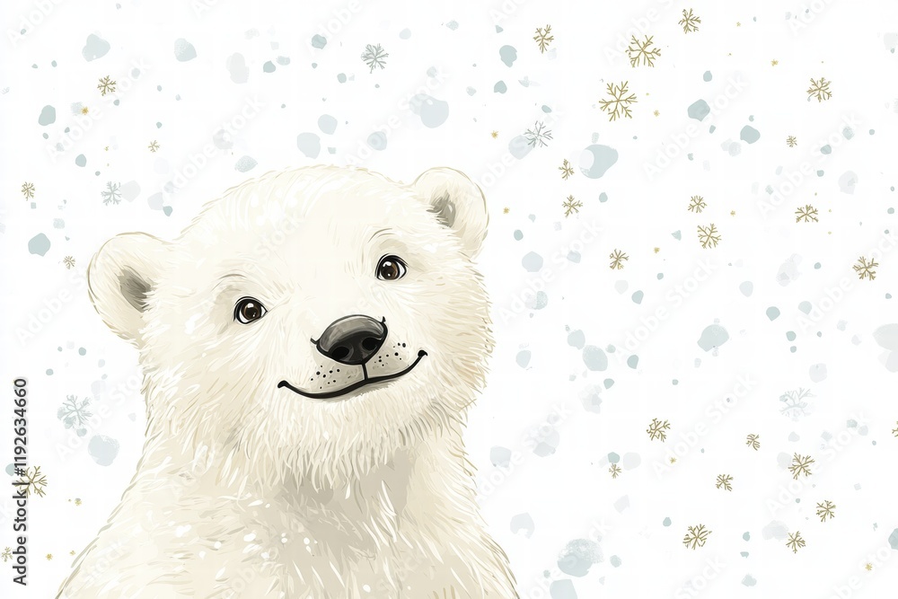 Poster Cheerful polar bear cub enjoys a snowy day in a whimsical illustration surrounded by falling snowflakes. Generative AI