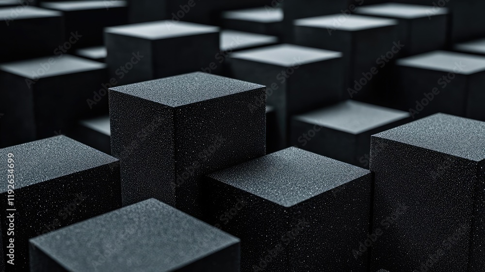 Poster studio absorber concept. abstract arrangement of black cubes with textured surfaces, creating a mode