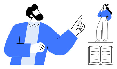 Male figure pointing, female figure thinking, and open book signify education, discussion, and learning process. Ideal for presentations, education, strategy, teamwork knowledge exchange decision