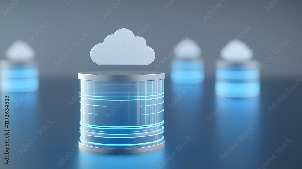 Poster cloud computing concept with digital database and stylized cloud icon in abstract sci-fi environment