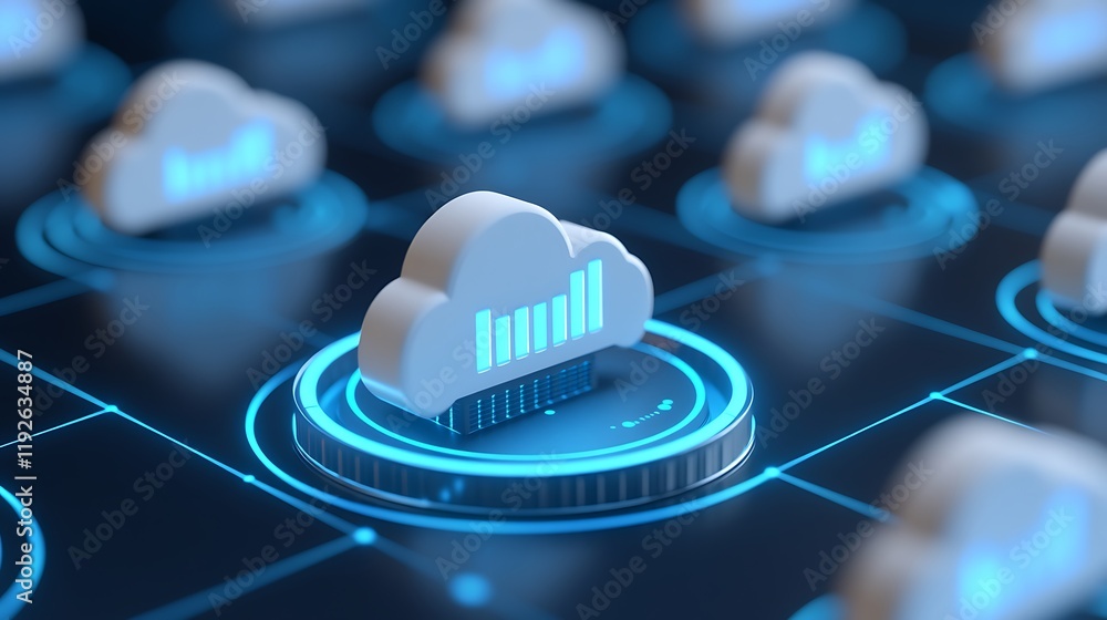 Poster cloud computing concept with digital graphs illustrating data analysis and technology advancements