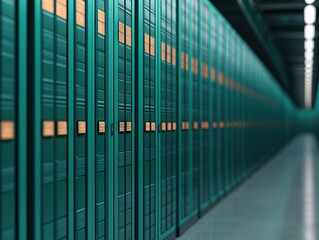 Obraz premium row of green server racks in modern data center with soft lighting and sharp focus