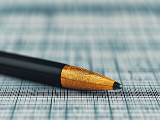 close up of black and gold pen tip resting on textured grid paper, showcasing intricate details