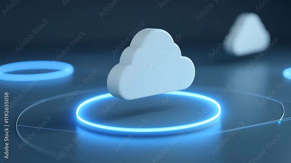 Poster cloud computing concept with floating 3d cloud icon and glowing circular elements in dark background