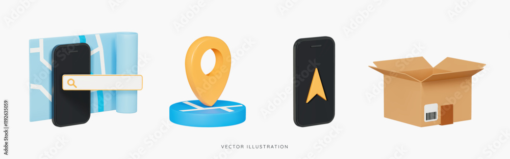 Poster 3d delivery and order tracking icon set concept. phone with map, search bar and pin location. open c