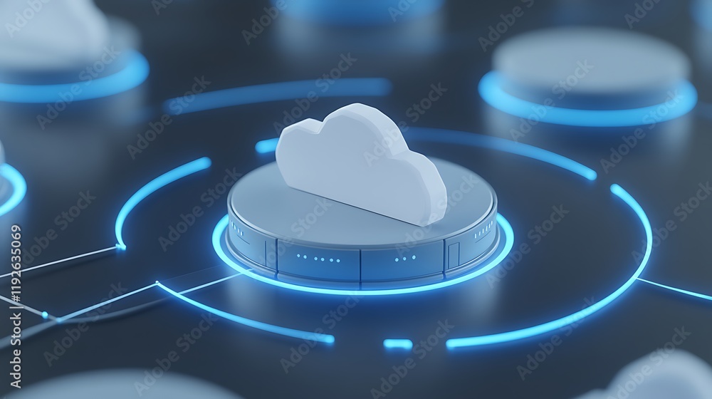 Poster cloud computing concept with floating cloud icon and digital connections in futuristic design